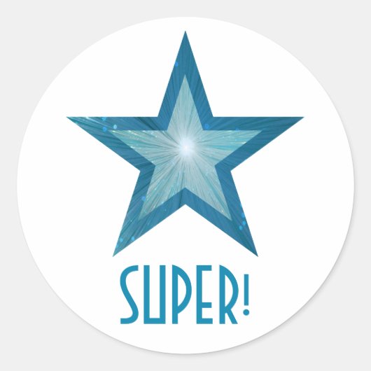 Blauwe sterren 'SUPER', ronde sticker wit (Voorkant)