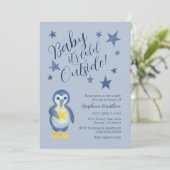 Blauwe sterren Winter Penguin Baby shower Kaart (Staand voorkant)