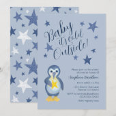 Blauwe sterren Winter Penguin Baby shower Kaart (Voorkant / Achterkant)