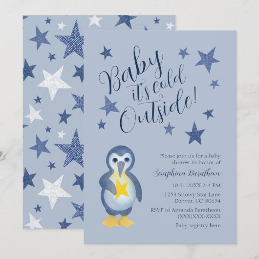 Blauwe sterren Winter Penguin Baby shower Kaart (Voorkant / Achterkant)