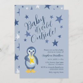 Blauwe sterren Winter Penguin Baby shower Kaart