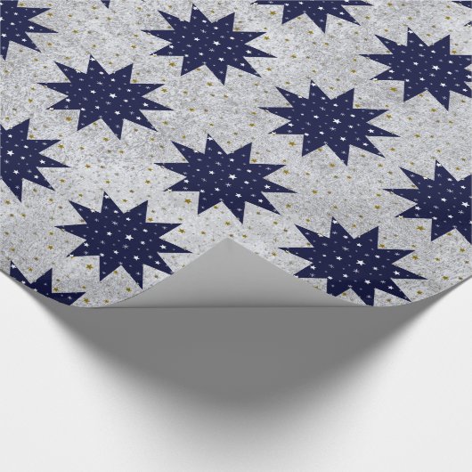 Blauwe sterren & witte sterren & dunne gouden ster cadeaupapier (Hoek)