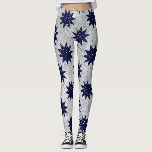 Blauwe sterren & witte sterren & dunne gouden ster leggings (Voorkant)