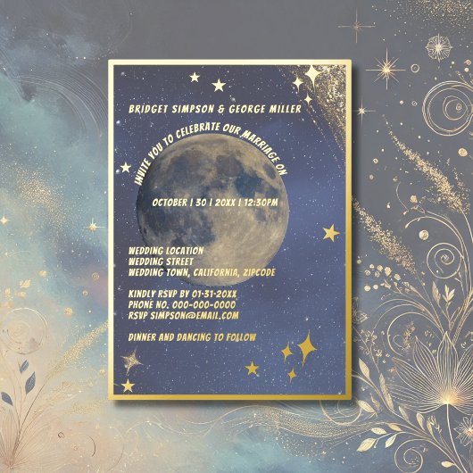 blauwe sterrenhemel galaxy trouw goud folie uitnodiging