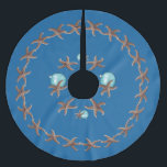 Blauwe stervis met kerstboomrok kerstboom rok<br><div class="desc">Nautische marineblauw, tropische sterrenvis kerstboomrok. De bruine zee sterren grensen aan de rand met dezelfde zee sterren en waterblauwe ornamenten in het midden.</div>