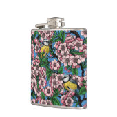 Blauwe stietvogels in de bloeiende kersenboom op b heupfles (Links)