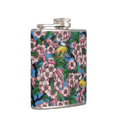 Blauwe stietvogels in de bloeiende kersenboom op b heupfles (Rechts)