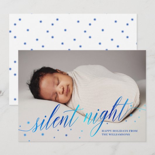 Blauwe Stille Nacht Prettige Feestdagen Baby Foto Feestdagenkaart (Voorkant / Achterkant)