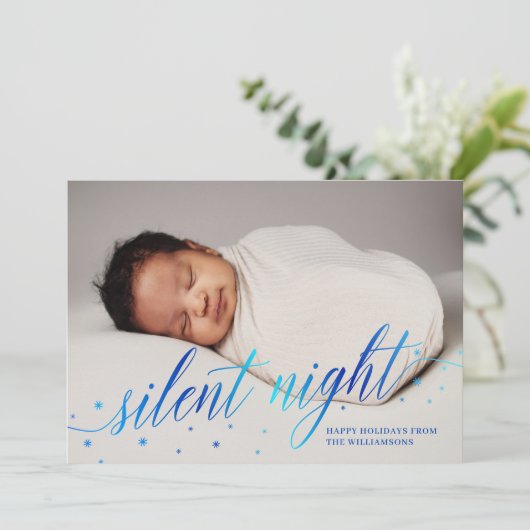 Blauwe Stille Nacht Prettige Feestdagen Baby Foto Feestdagenkaart (Staand voorkant)
