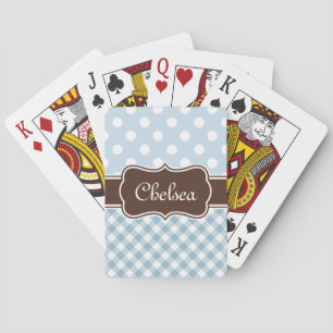 Blauwe Stip Gingham Patronen Bruine Naam Pokerkaarten