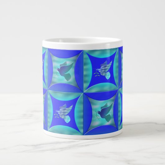 Blauwe stip in het gat in de schuurdeur grote koffiekop (Voorkant)