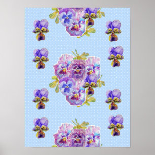 Blauwe Stip Pansy bloem bloemen Shabby Chic Poster