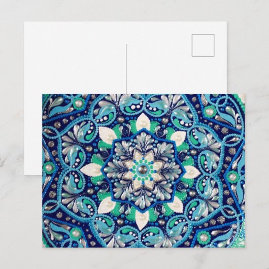 Blauwe stipkunst mandala aankondigingskaart (Voorkant / Achterkant)