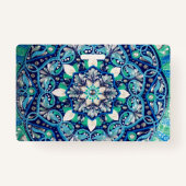 Blauwe stipkunst mandala drievoudig mapje badge (Voorkant)