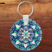 Blauwe stipkunst mandala drievoudig mapje sleutelhanger (Voorkant)