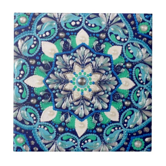 Blauwe stipkunst mandala tegeltje (Voorkant)