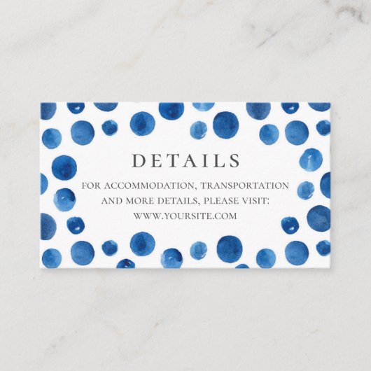 Blauwe stippen bruiloft details. Waterverf marine Informatiekaartje (Voorkant)