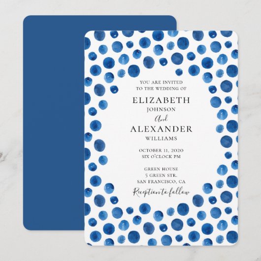 Blauwe stippen bruiloft uitnodiging. marineuitnodi kaart (Voorkant / Achterkant)
