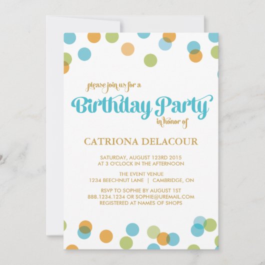 BLAUWE STIPPEN CONFETTI | BIRTHDAY-INVITATIE VAN K KAART (Voorkant)