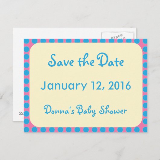 Blauwe Stippen op Roze sparen de Datum Grote Druk Aankondigingskaart (Voorkant / Achterkant)