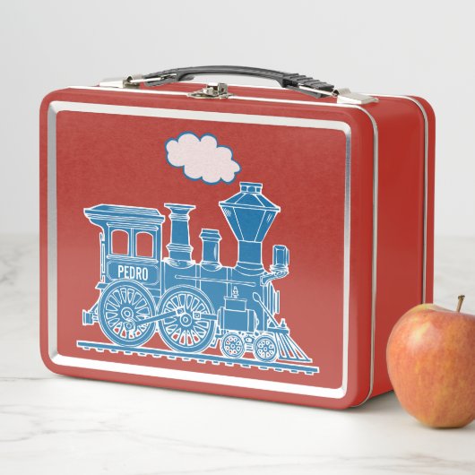 Blauwe stoomlocomotief kind aangepaste lunchbox (In situ)