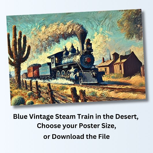 Blauwe stoomtrein in de woestijn, spoorweg poster