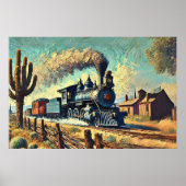 Blauwe stoomtrein in de woestijn, spoorweg poster (Voorkant)