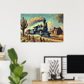 Blauwe stoomtrein in de woestijn, spoorweg poster (Thuiskantoor)