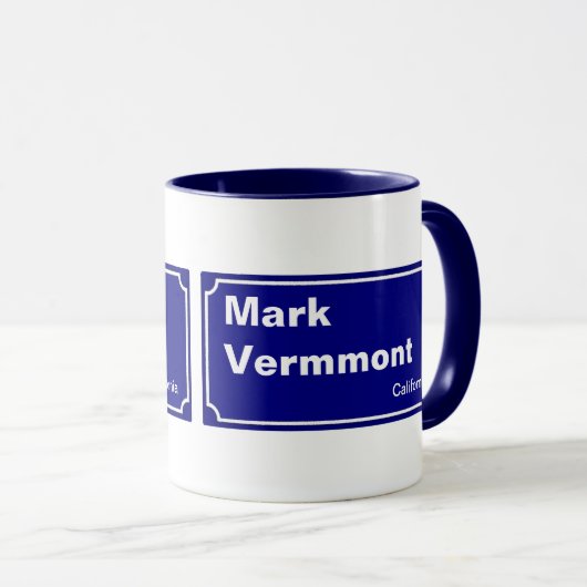 blauwe straatbord op maat mok (Voorkant rechts)