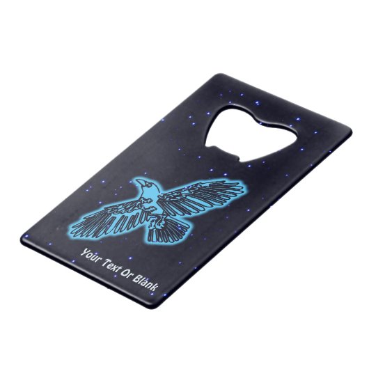 Blauwe stralen op sterren creditkaart flessenopener (Voorkant Gekanteld)