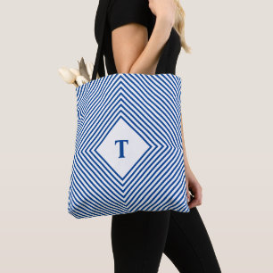 Blauwe Stralende Ruiten met Centraal Monogram Tote Bag