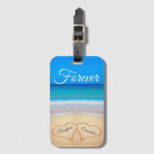Blauwe strand bruiloft harten zand forever naar bagagelabel (Voorkant (verticaal))