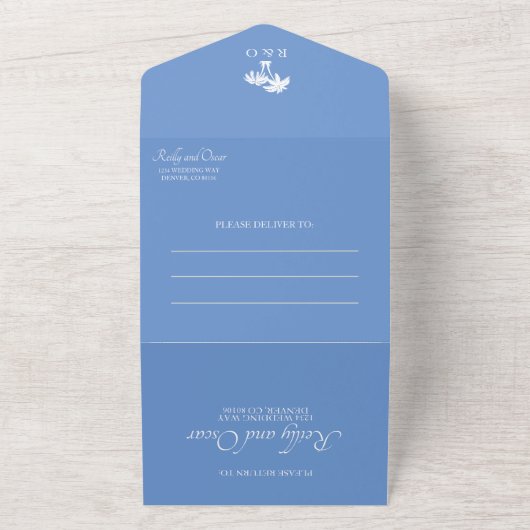 Blauwe strand bruiloft in één uitnodiging (Buitenkant)