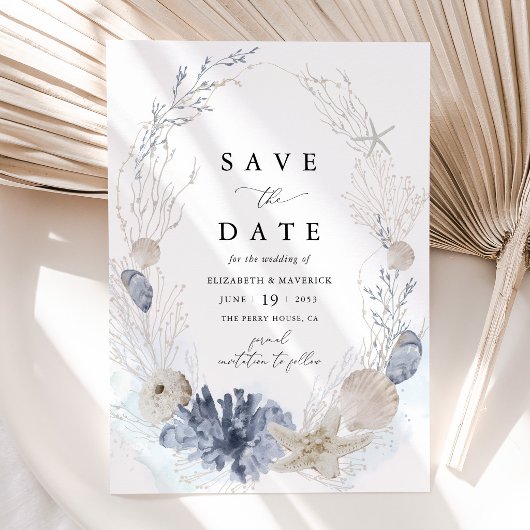 Blauwe Strand Kust Schelp Bruiloft Save The Date