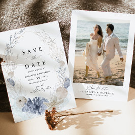 Blauwe Strand Kust Schelp Foto Bruiloft Save The Date