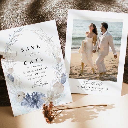 Blauwe Strand Kust Schelp Foto Bruiloft Save The Date