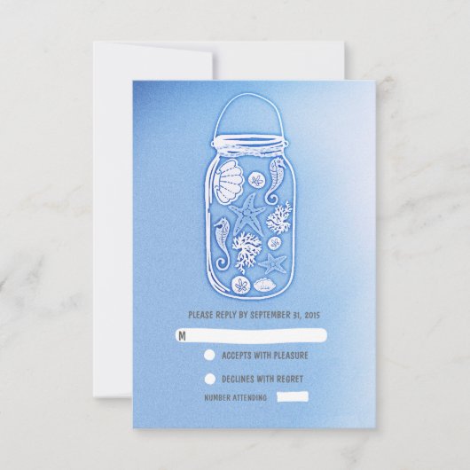 blauwe strand metselaar pot bruiloft RSVP kaarten (Voorkant)