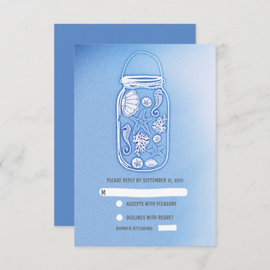 blauwe strand metselaar pot bruiloft RSVP kaarten (Voorkant / Achterkant)
