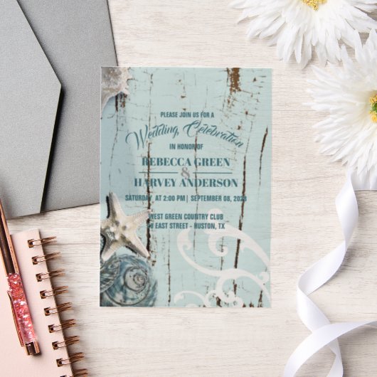 Blauwe strand schelp zeester kust bruiloft vellum uitnodigingen (Huwelijk)