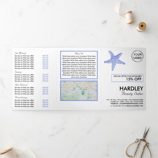 Blauwe strand Starfish, Beauty Salon Tri-Fold Flye Drieluik Uitnodiging (Buitenkant)