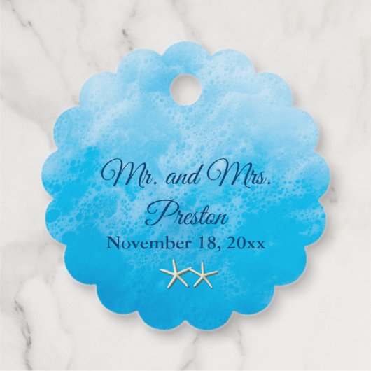 Blauwe strand Waves & Starfish Bedankjes Labels (Achterkant)