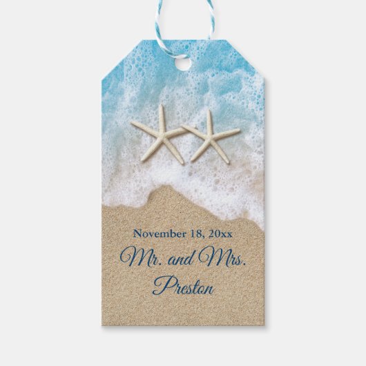 Blauwe strand Waves & Starfish Cadeaulabel (Voorkant)