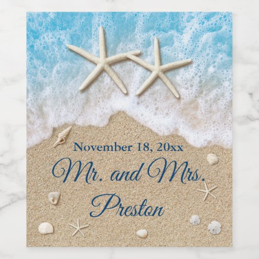 Blauwe strand Waves & Starfish Wijn Etiket (Enkel label)