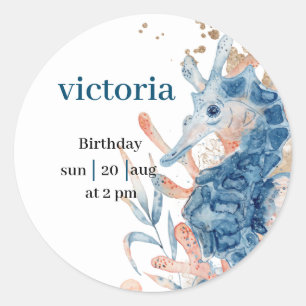 Blauwe strand zeepaardje schelp babyShower Ronde Sticker