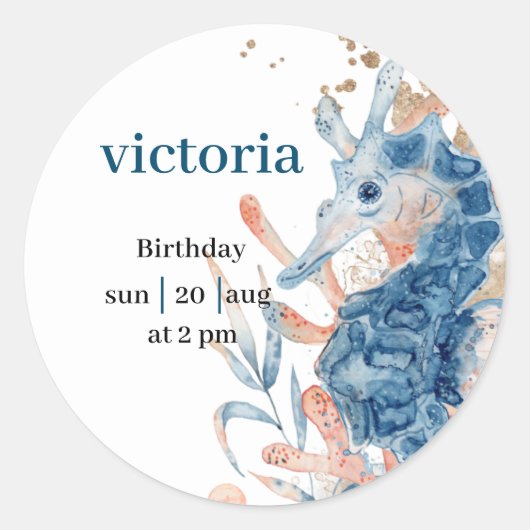 Blauwe strand zeepaardje schelp babyShower Ronde Sticker (Voorkant)