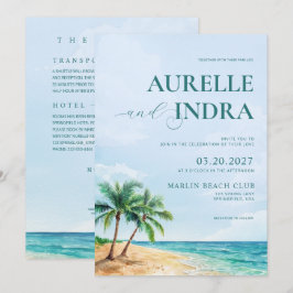 Blauwe strand zomer aquarel QR bruiloft feest Kaart