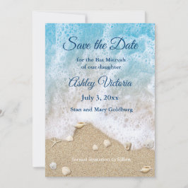 Blauwe strandgolven Bat Mitzvah Save the Date Kaart