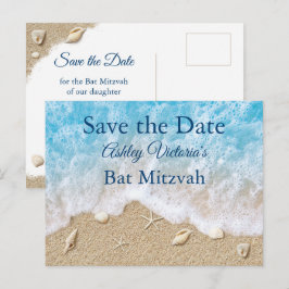 Blauwe strandgolven Bat Mitzvah Save the Date Uitnodiging Briefkaart