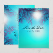 Blauwe STRANDPARTY Zonnige Palm Bomen Save the Dat Aankondigingskaart (Voorkant / Achterkant)