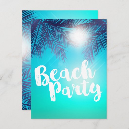 Blauwe STRANDPARTY Zonnige Palmboom Zomerfeest Aankondigingskaart (Voorkant / Achterkant)